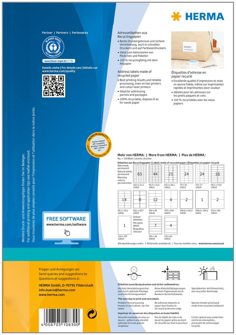 Recycled paper labels, 200 x 144mm, Natural white, Permanent adhesive, A4 [200 labels]