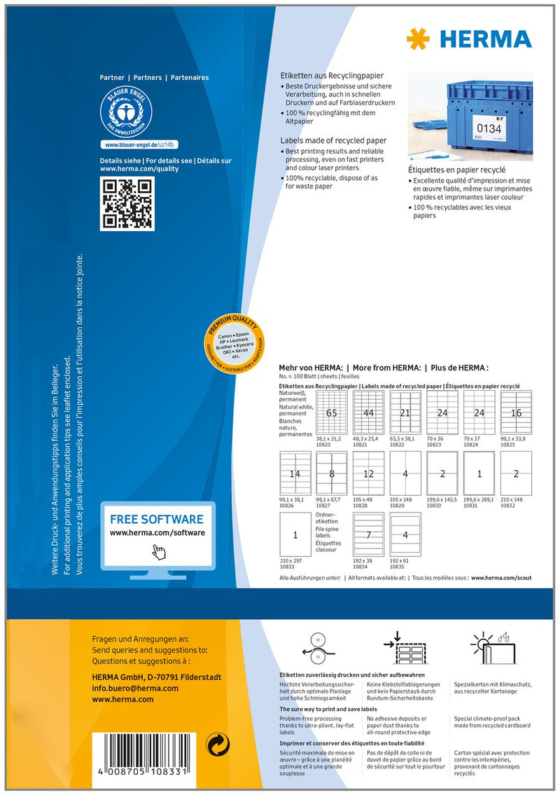 Recycled paper labels, 210 x 297mm, Natural white, Permanent adhesive, A4 [100 labels]