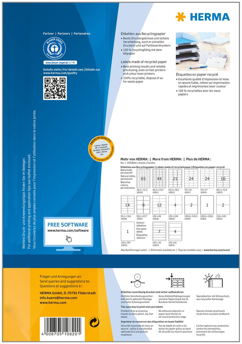 Recycled paper labels, 38 x 21mm, Natural white, Permanent adhesive, A4 [6500 labels]