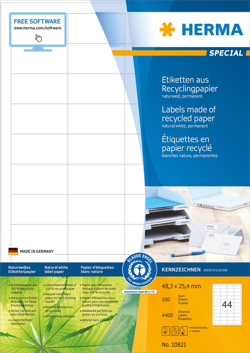 Recycled paper labels, 48 x 25mm, Natural white, Permanent adhesive, A4 [4400 labels]