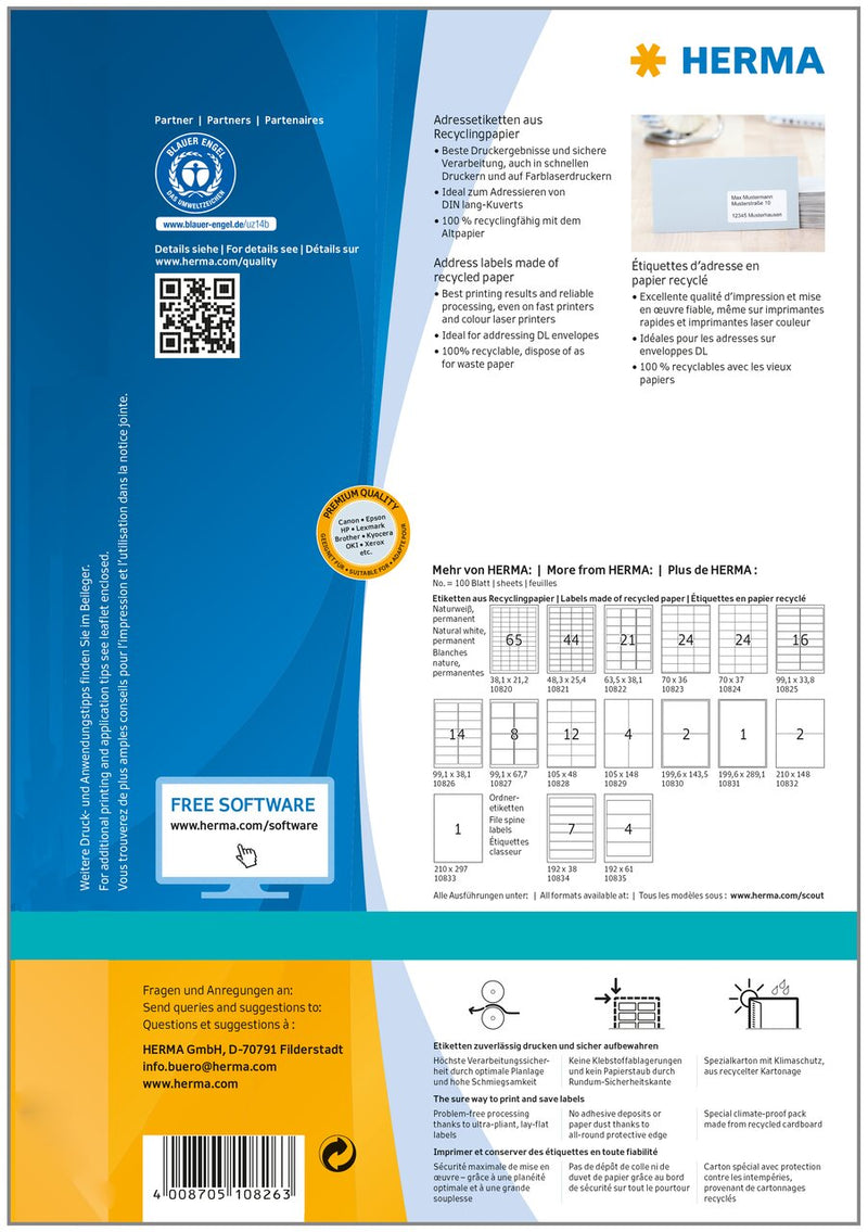 Recycled paper labels, 99 x 38mm, Natural white, Permanent adhesive, A4 [1400 labels]