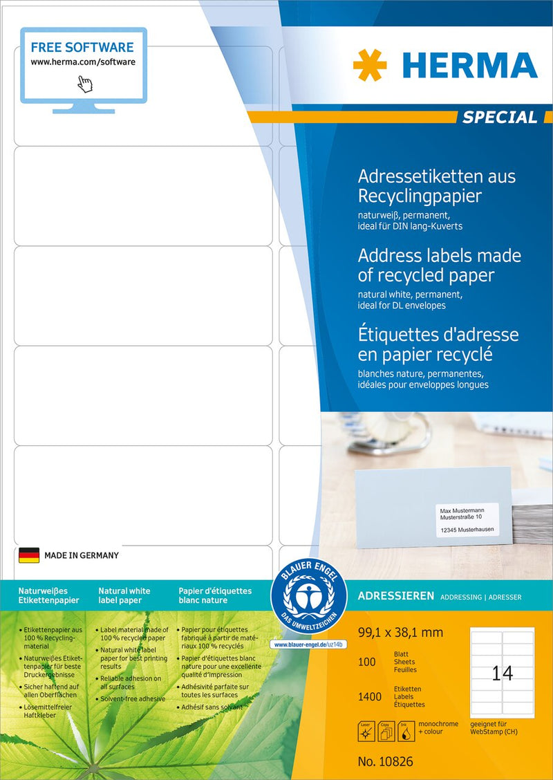 Recycled paper labels, 99 x 38mm, Natural white, Permanent adhesive, A4 [1400 labels]