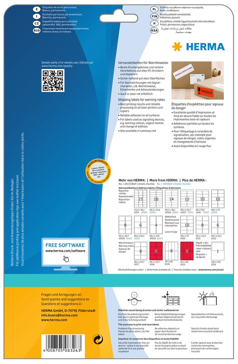 Shipping and warning labels, 40 x 142mm, White paper, Permanent adhesive, A4 [200 labels]