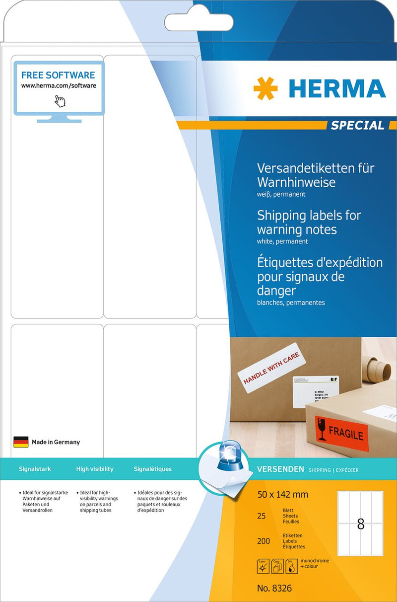 Shipping and warning labels, 40 x 142mm, White paper, Permanent adhesive, A4 [200 labels]