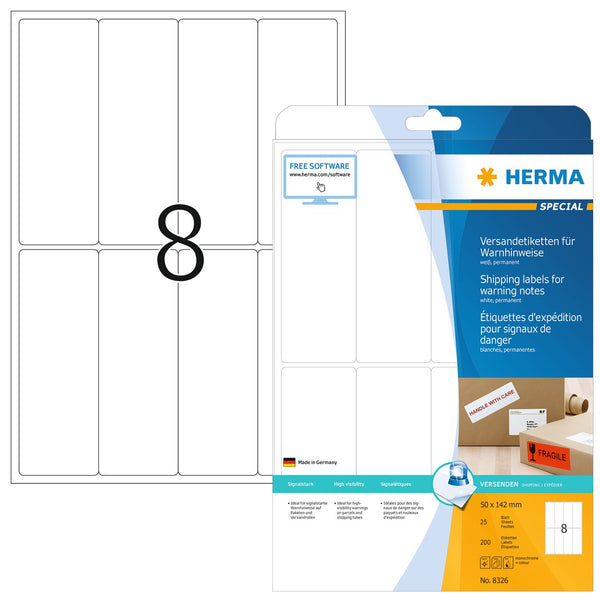 Shipping and warning labels, 40 x 142mm, White paper, Permanent adhesive, A4 [200 labels]