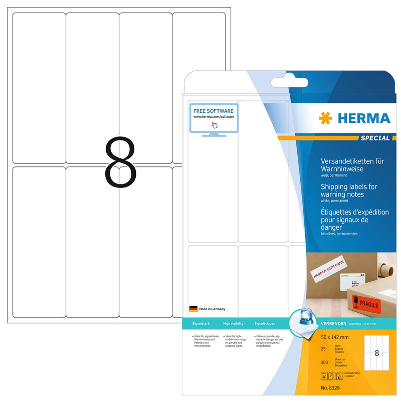 Shipping and warning labels, 40 x 142mm, White paper, Permanent adhesive, A4 [200 labels]