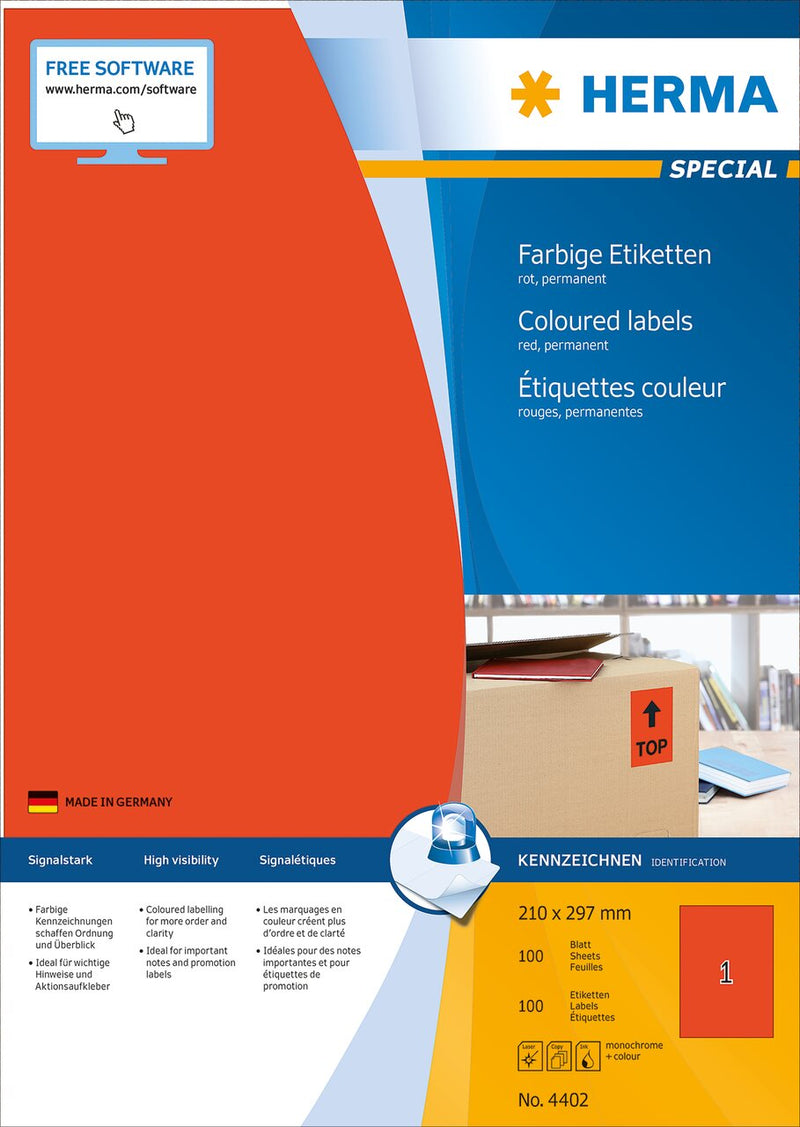 Red labels, 210 x 297mm, Paper, Permanent adhesive, A4 [100 labels]