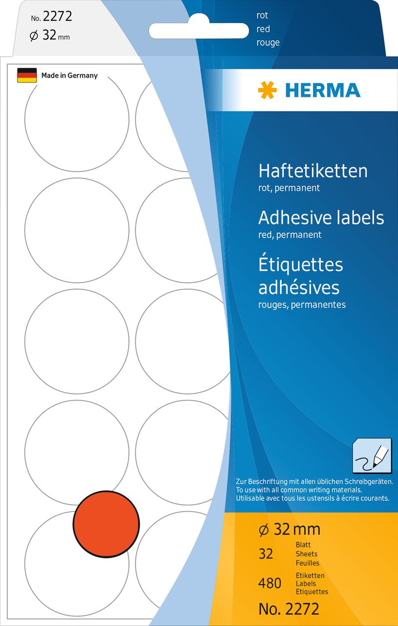 Stickers, Red coloured dots, 32mm diameter, Paper, Permanent adhesive [480 labels]