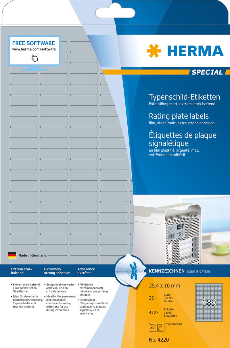 Identification (ID) labels, 25 x 10mm, Silver, Polyester Film, Extra-strong adhesive, A4 [4725 labels]