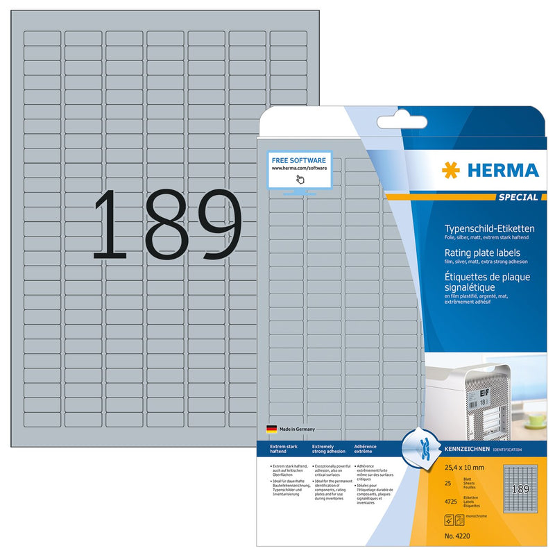 Identification (ID) labels, 25 x 10mm, Silver, Polyester Film, Extra-strong adhesive, A4 [4725 labels]