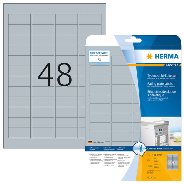 Identification (ID) labels, 46 x 21mm, Silver, Polyester Film, Extra-strong adhesive, A4 [1200 labels]