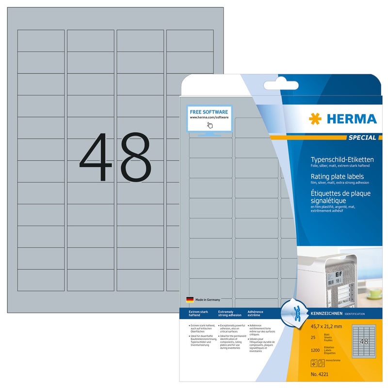 Identification (ID) labels, 46 x 21mm, Silver, Polyester Film, Extra-strong adhesive, A4 [1200 labels]