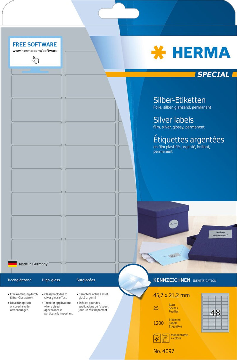 Silver labels, 46 x 21mm, Polyester, Permanent adhesive, A4 [1200 labels]