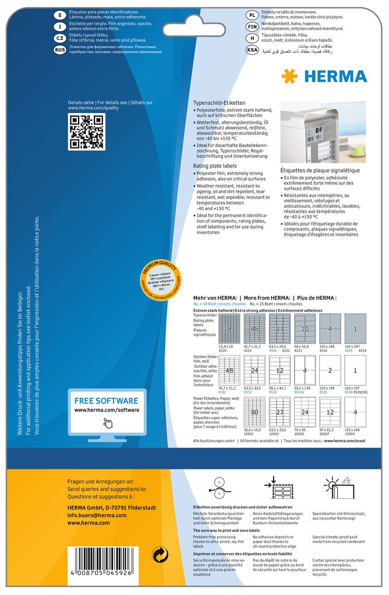 Identification (ID) labels, 64 x 30mm, SIlver, FIlm, Extra Strong Adhesive, A4 [270 labels]