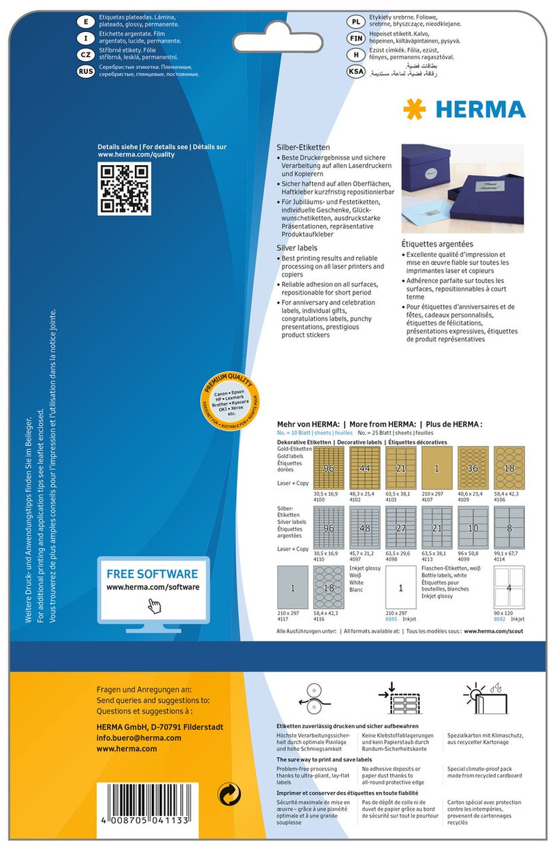 Silver labels, 64 x 38mm, Polyester, Permanent adhesive, A4 [525 labels]
