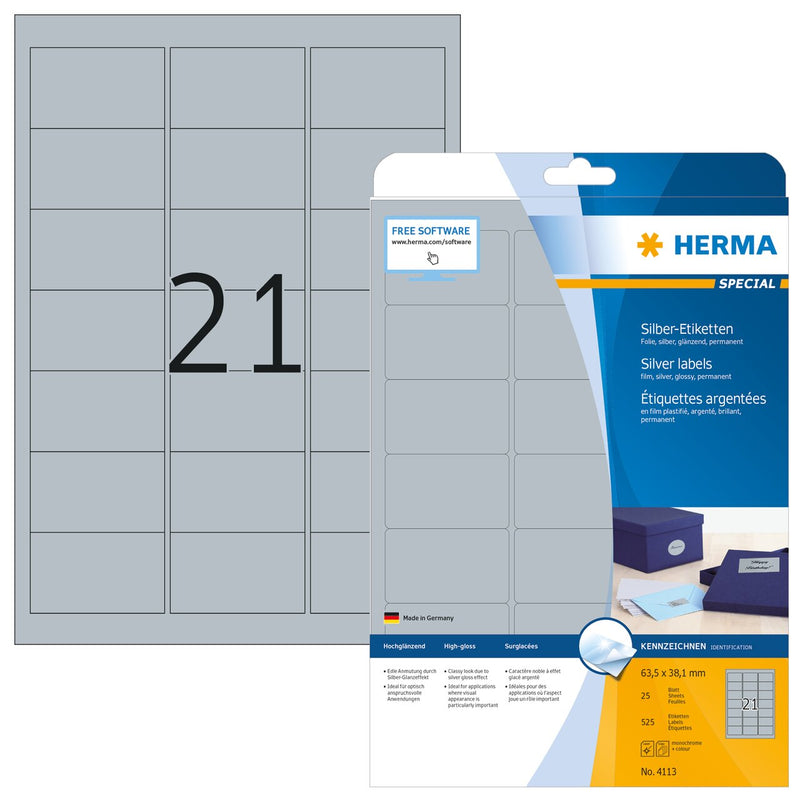 Silver labels, 64 x 38mm, Polyester, Permanent adhesive, A4 [525 labels]