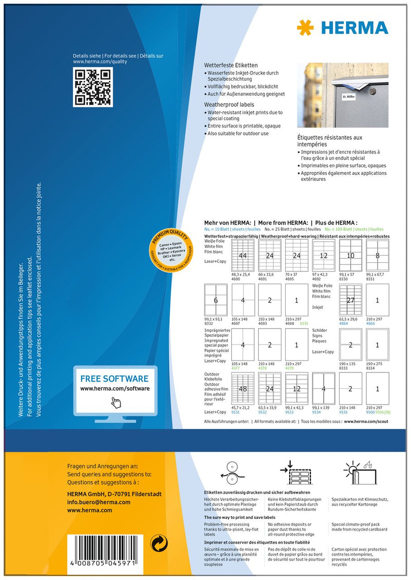 Inkjet Film Labels, 97 x 42mm, Weatherproof, Matt with Permanent Adhesive, A4 [480 labels]