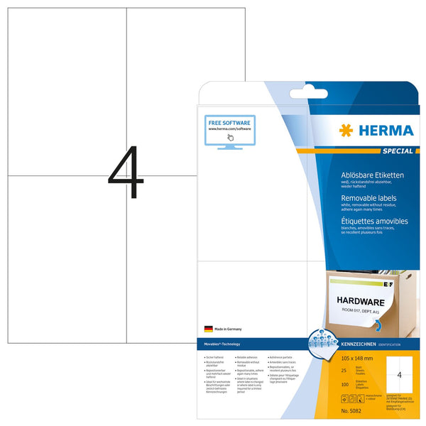 Removable labels, 101 x 148mm, White, Repositionable paper, A4 [100 labels]