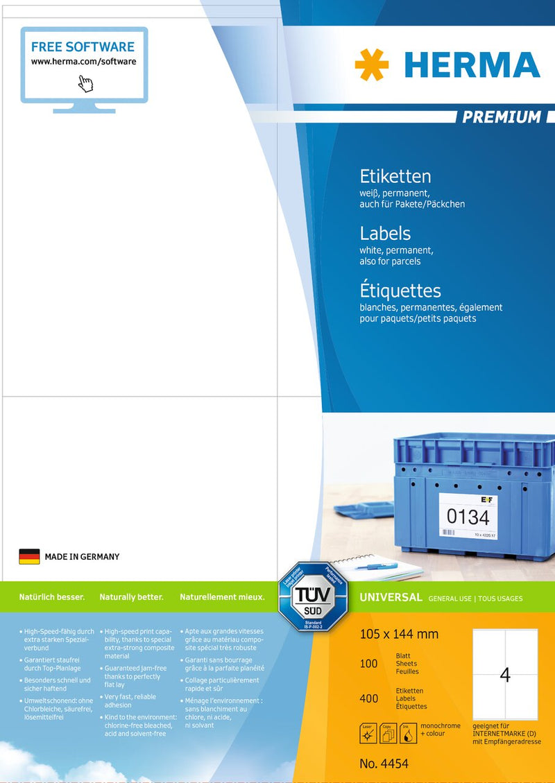Address labels, 105 x 144mm, PREMIUM, Recyclable paper, Permanent adhesive, A4 [400 labels]