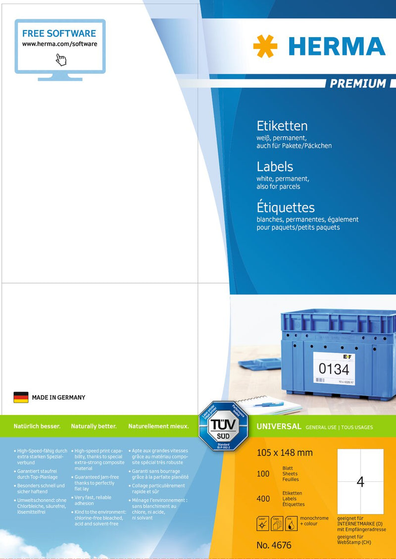 Address labels, 105 x 148mm, PREMIUM, Recyclable paper, Permanent adhesive, A4 [400 labels]
