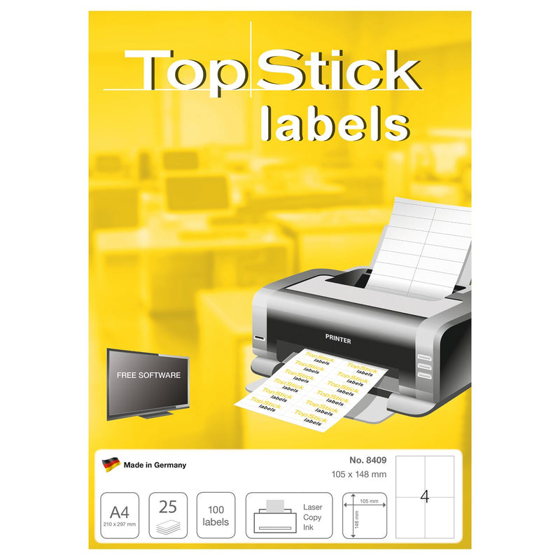 Labels, Copier/Laser/Inkjet, 105 x 148mm, White, Paper, Permanent adhesive, A4 [100 labels]
