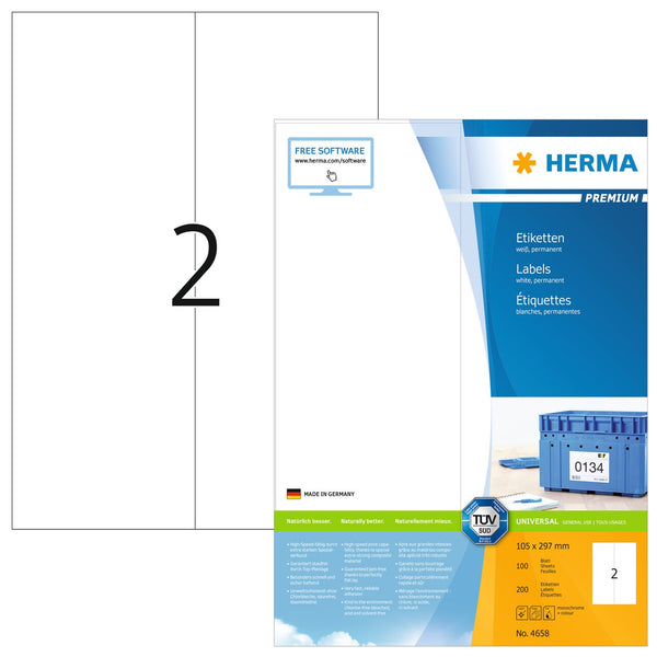 Address labels, 105 x 297mm, PREMIUM, Recyclable paper, Permanent adhesive, A4 [200 labels]
