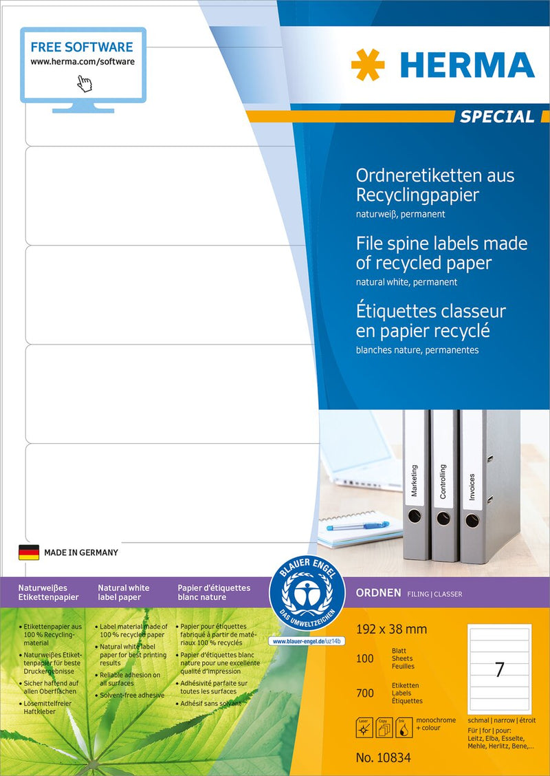 File labels, Recycled, White, 192 x 38mm, for narrow files (short), A4 [700 labels]