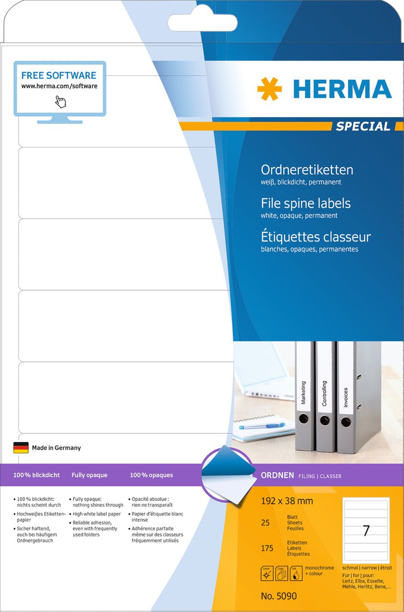 File labels, White, 192 x 38mm, for narrow files (short), A4 [175 labels]