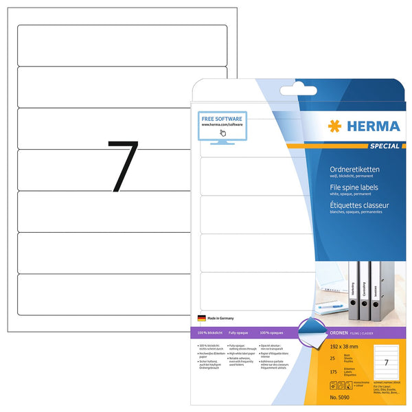 File labels, White, 192 x 38mm, for narrow files (short), A4 [175 labels]