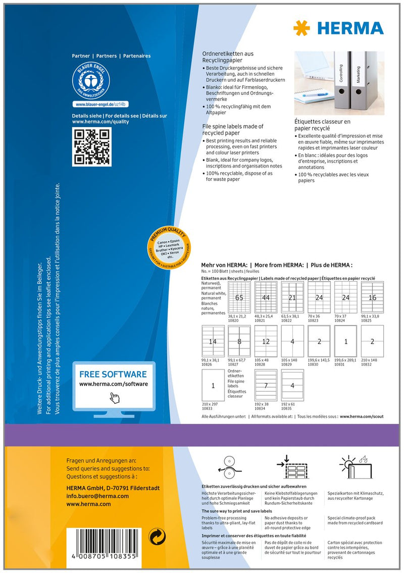 File labels, Recycled, White, 192 x 61mm, for wide files (short), A4 [400 labels]