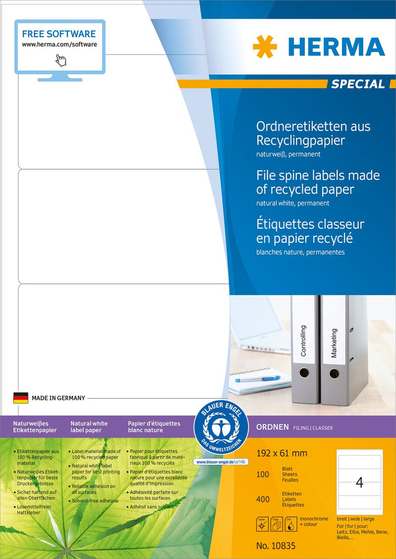 File labels, Recycled, White, 192 x 61mm, for wide files (short), A4 [400 labels]