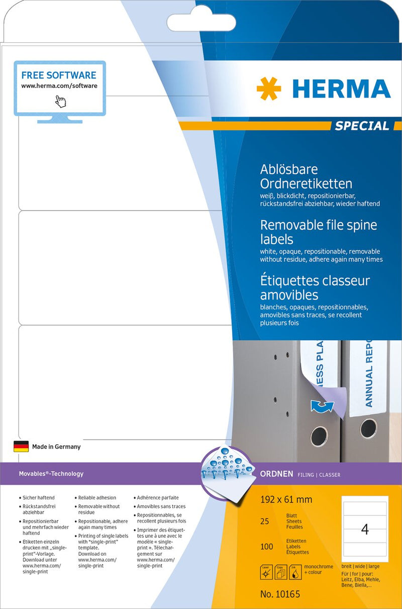 File labels, Removable, White, 192 x 61mm, for wide files (short), A4 [100 labels]