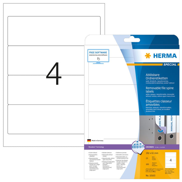 File labels, Removable, White, 192 x 61mm, for wide files (short), A4 [100 labels]