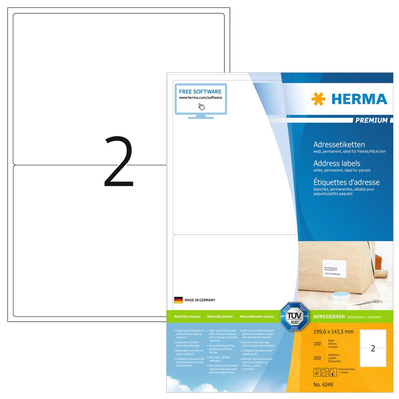 Address labels, 200 x 144mm, PREMIUM, Recyclable paper, Permanent adhesive, A4 [200 labels]