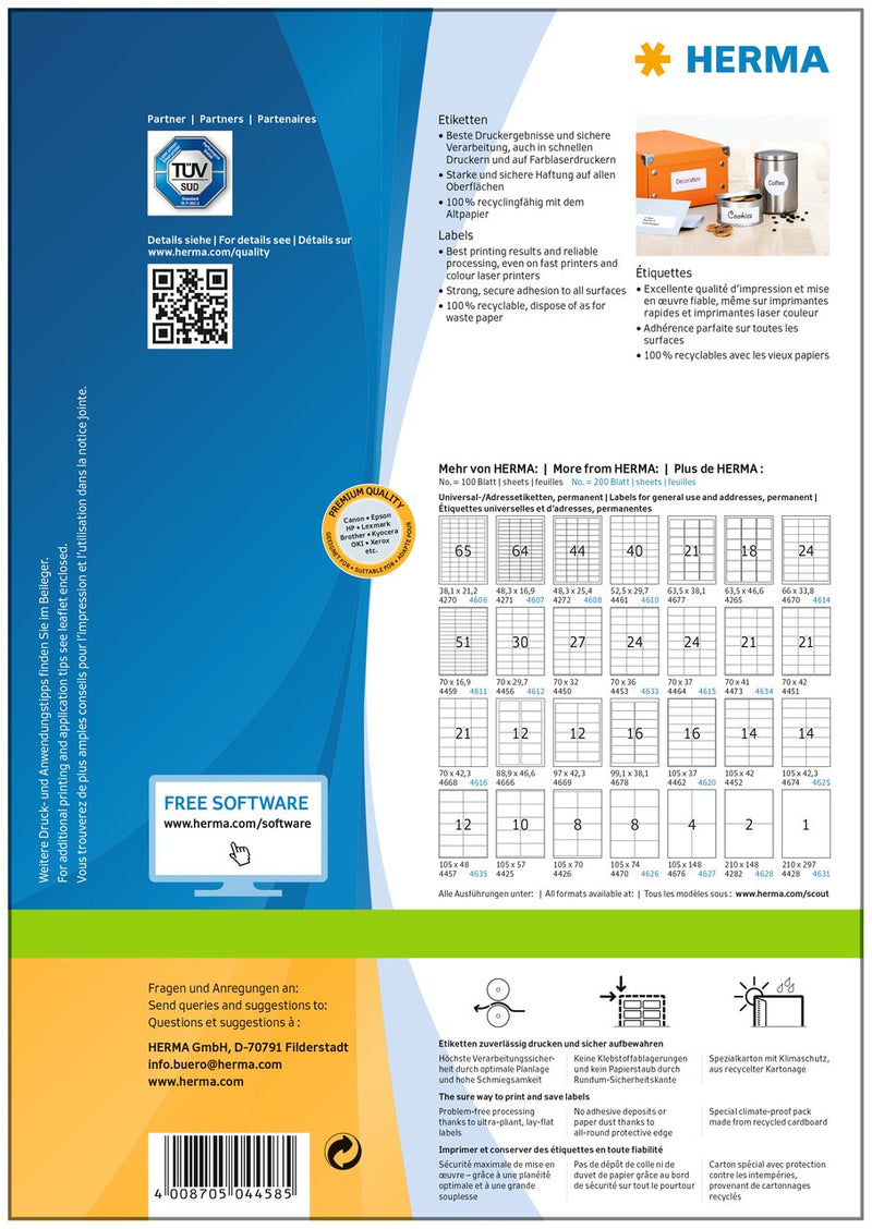 Address labels, 200 x 297mm, PREMIUM, Recyclable paper, Permanent adhesive, A4 [100 labels]