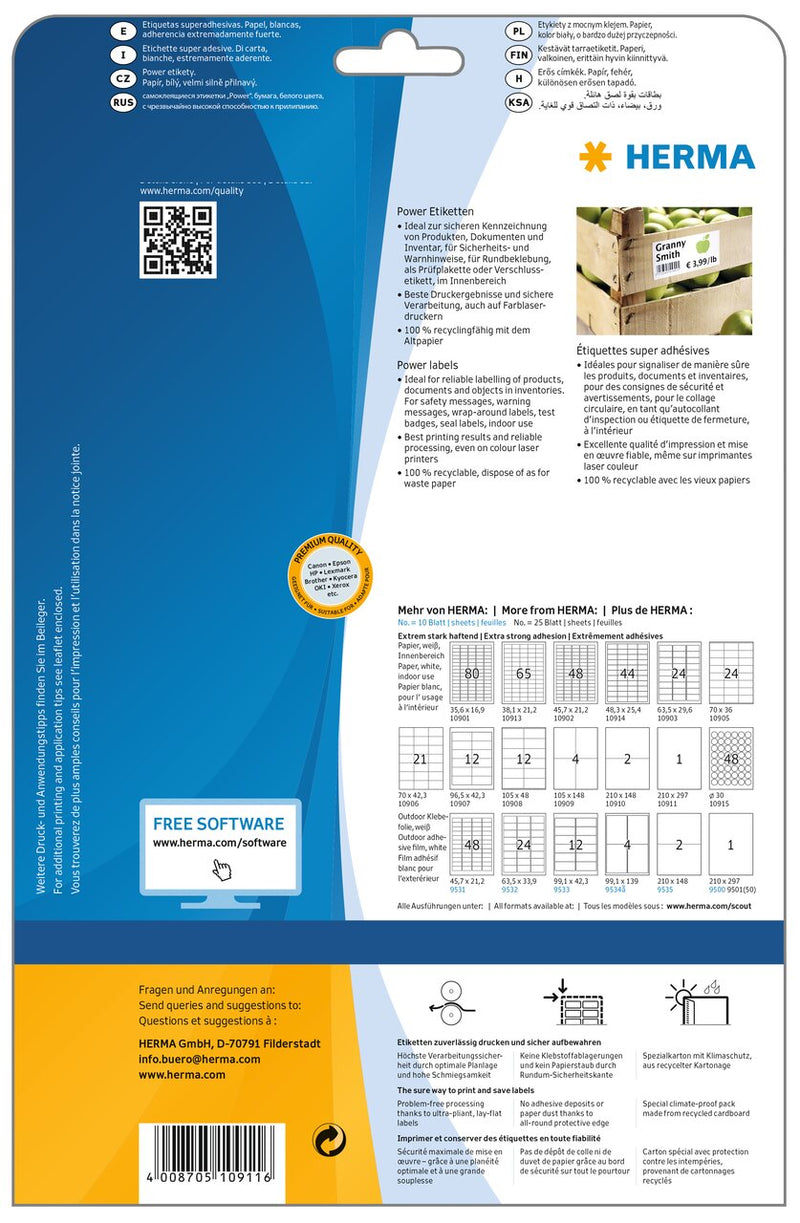 Power labels, 210 x 297mm, White, Extra-strong adhesive, A4 [25 labels]