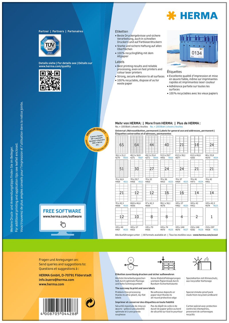 Address labels, 210 x 297mm, PREMIUM, Recyclable paper, Permanent adhesive, A4 [100 labels]