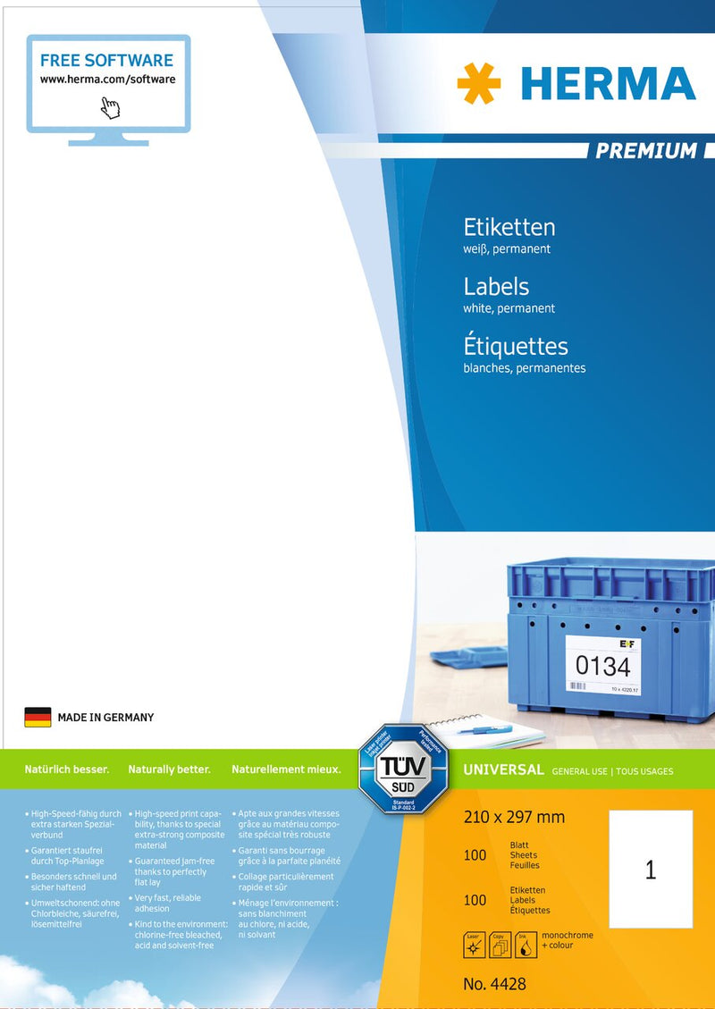 Address labels, 210 x 297mm, PREMIUM, Recyclable paper, Permanent adhesive, A4 [100 labels]