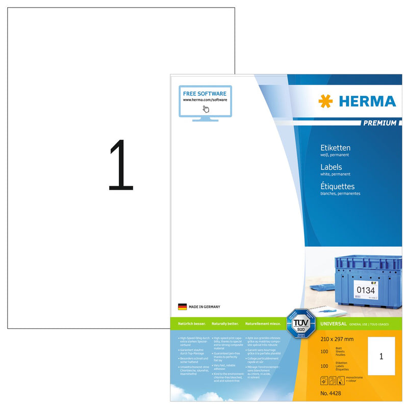 Address labels, 210 x 297mm, PREMIUM, Recyclable paper, Permanent adhesive, A4 [100 labels]