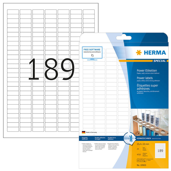 Power labels, 25 x 10mm, White, Extra-strong adhesive, A4 [4725 labels]