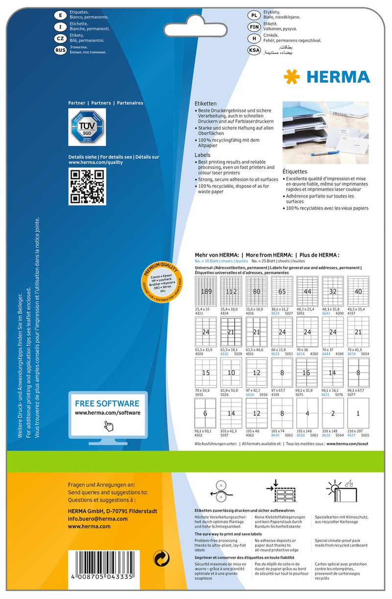 Address labels, 25 x 10mm, PREMIUM, Recyclable paper, Permanent adhesive, A4 [4725 labels]