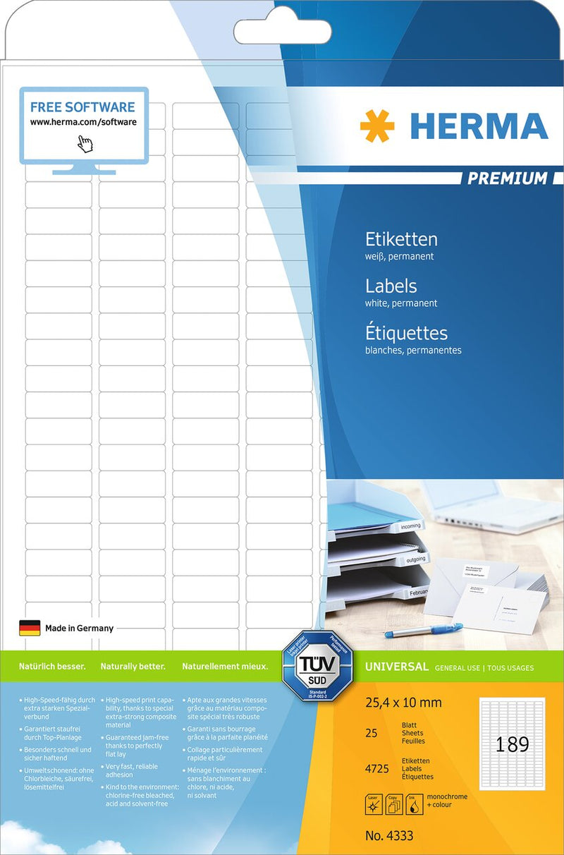 Address labels, 25 x 10mm, PREMIUM, Recyclable paper, Permanent adhesive, A4 [4725 labels]