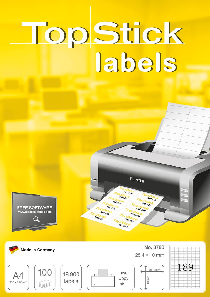 Labels, Copier/Laser/Inkjet, 25 x 10mm, White, Paper, Permanent adhesive, A4 [18900 labels]