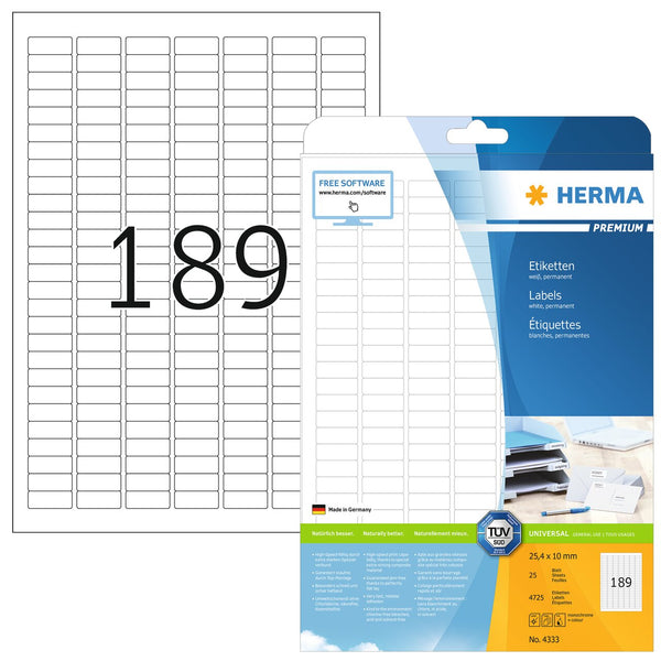 Address labels, 25 x 10mm, PREMIUM, Recyclable paper, Permanent adhesive, A4 [4725 labels]