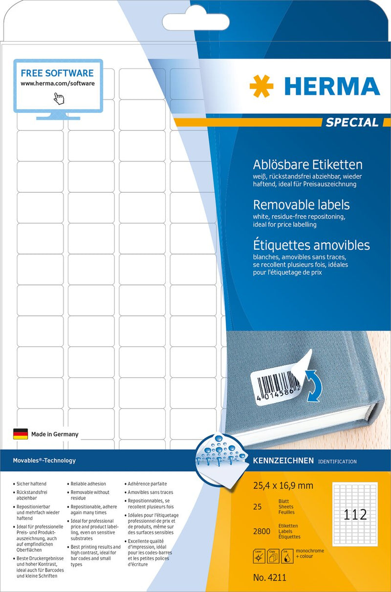 Removable labels, 25 x 17mm, White, Repositionable paper, A4 [2800 labels]