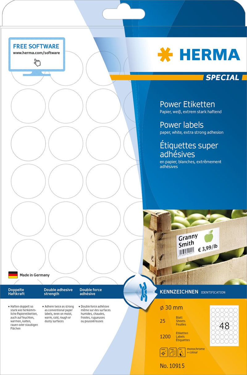 Power labels, 30mm diameter, White, Extra-strong adhesive, A4 [1200 labels]