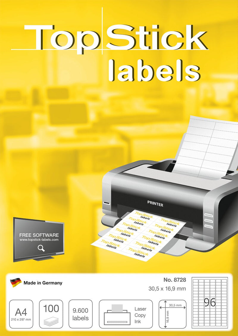 Labels, Copier/Laser/Inkjet, 31 x 17mm, White, Paper, Permanent adhesive, A4 [9600 labels]