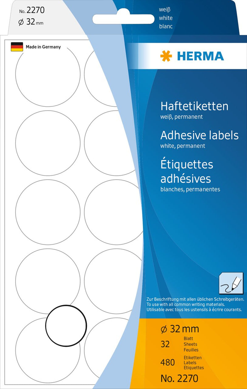 Stickers, White coloured dots, 32mm diameter, Paper, Permanent adhesive [480 labels]