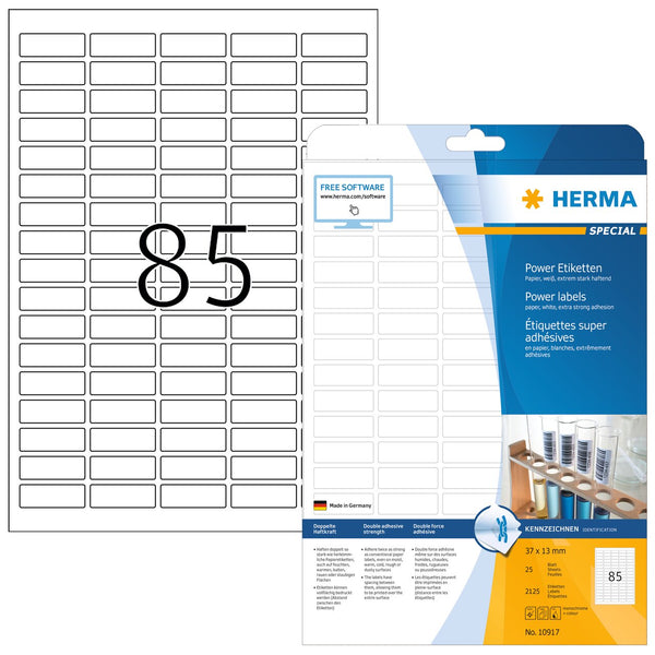 Power labels, 37 x 13mm, White, Extra-strong adhesive, A4 [2125 labels]