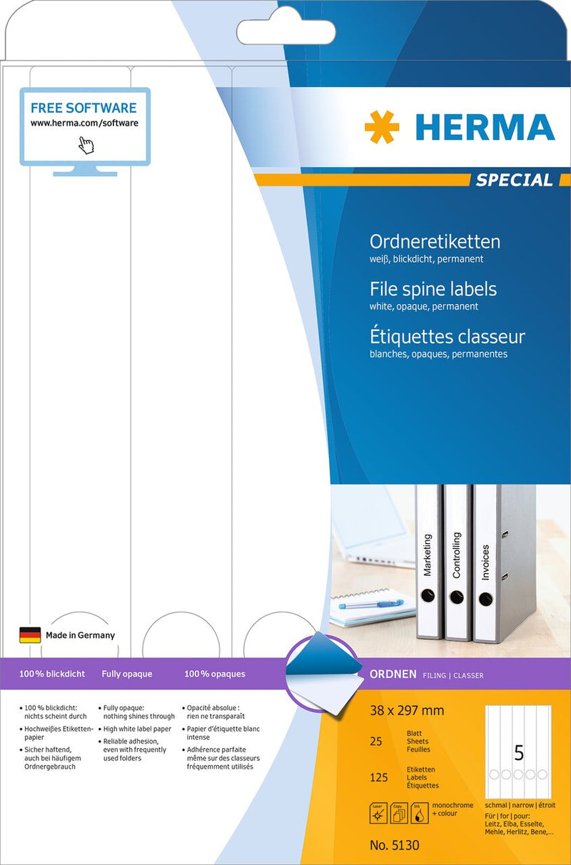 File labels, White, 38 x 297mm, for narrow files (long), A4 [125 labels]
